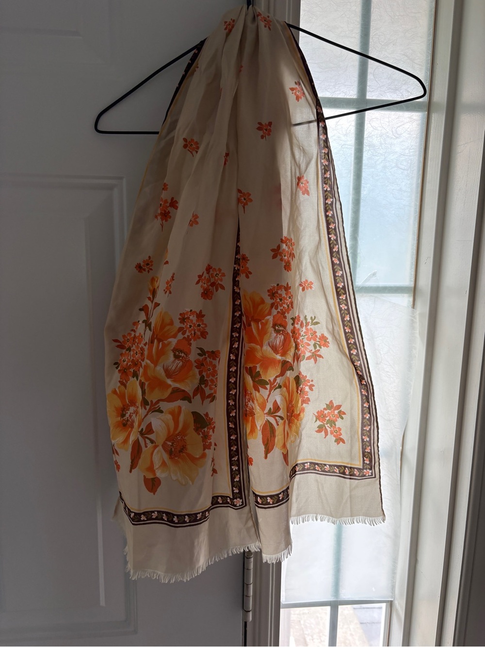 Gorgeous Fiorini Long Scarf Silky Floral Cream Orange Brown Fall Fringe - Picture 2 of 8